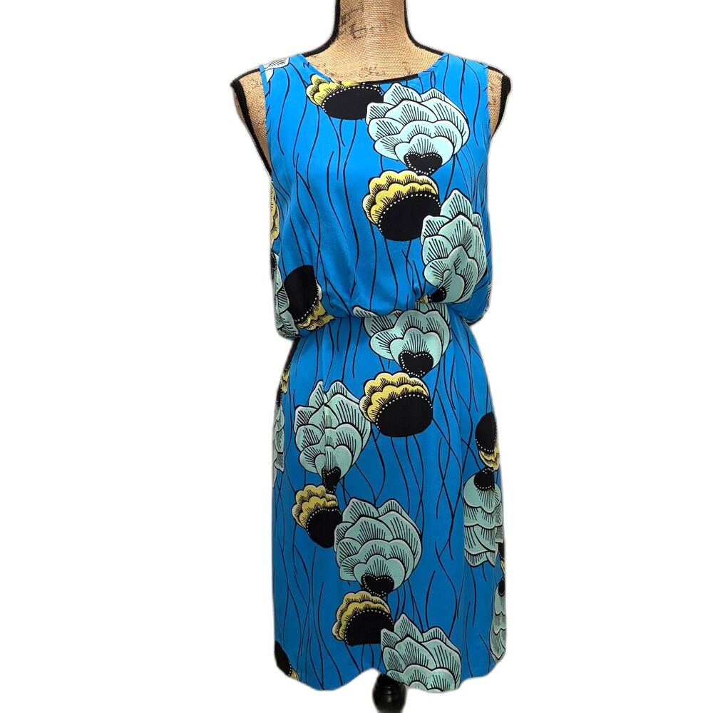 Anthropologie Sariah 100% Silk Palma Blouson Dress Blue Abstract Floral Size 6